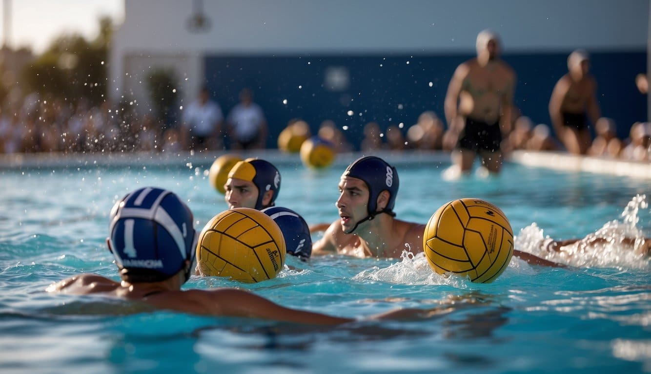 A water polo game in progress, players passing and shooting the ball in a pool. Rules and regulations are being explained in the background