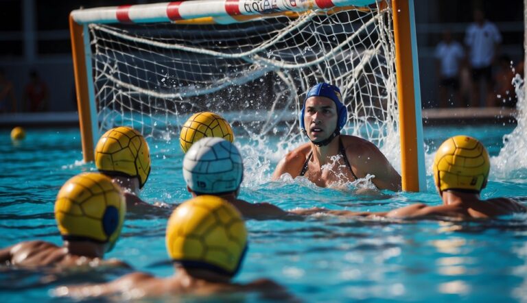 A group of players competing in a water polo match in a pool with a ball and goalposts