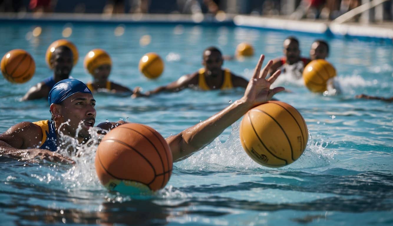 Players passing, dribbling, and shooting in a pool. Coaches giving instructions from the sidelines. Splashing water and intense concentration
