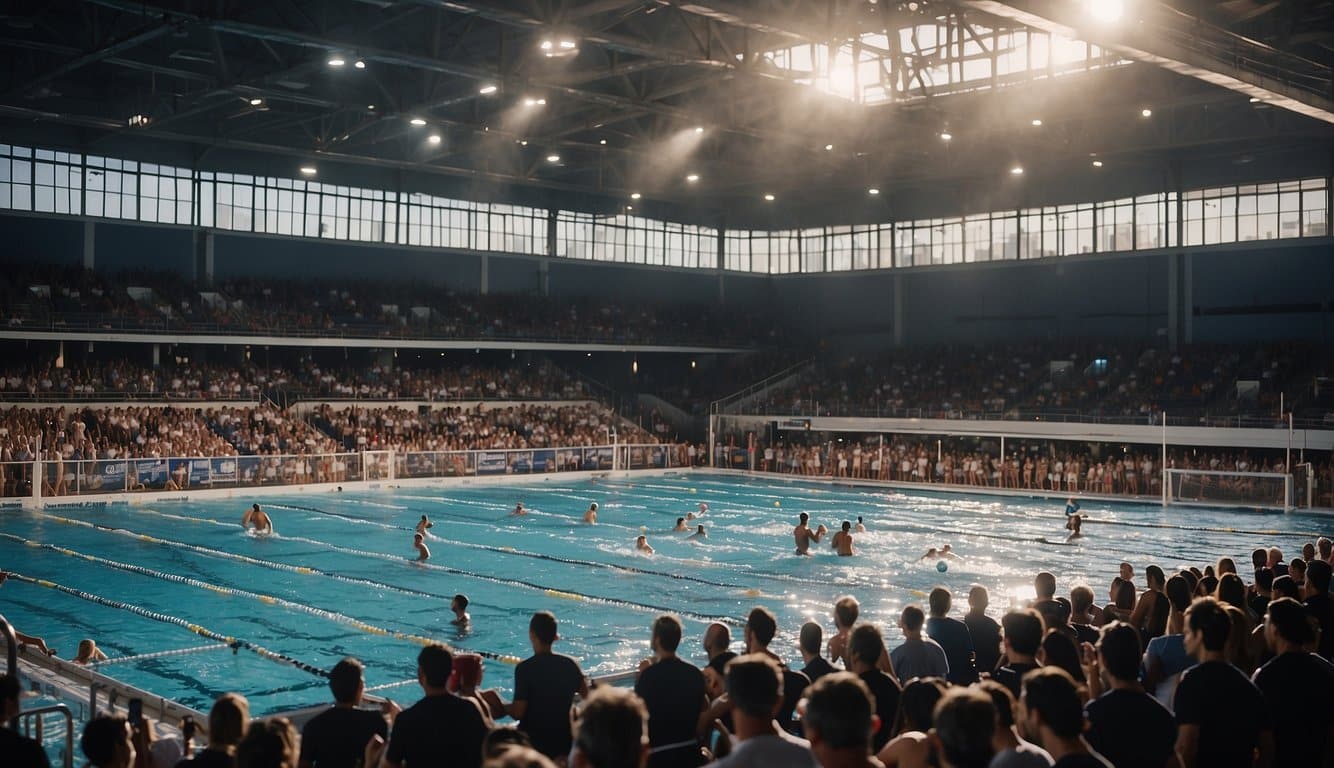 A crowded water polo arena with teams from around the world competing in a high-stakes match