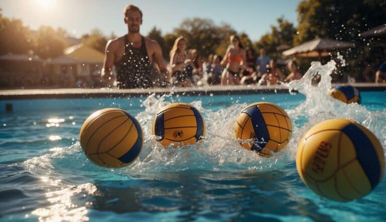 A group of young people playing water polo in a pool, splashing and passing the ball. The sun is shining, creating reflections on the water