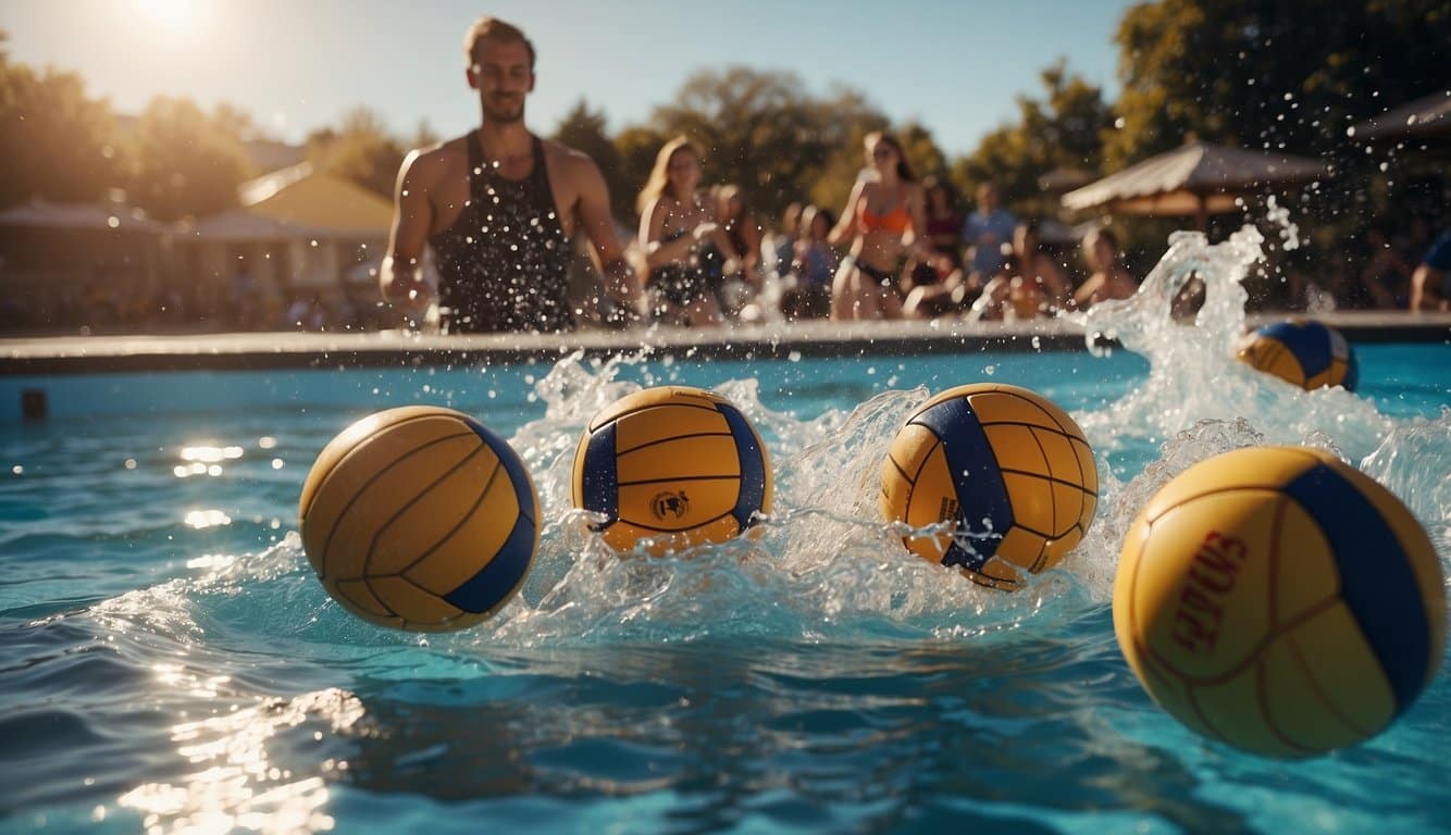 A group of young people playing water polo in a pool, splashing and passing the ball. The sun is shining, creating reflections on the water