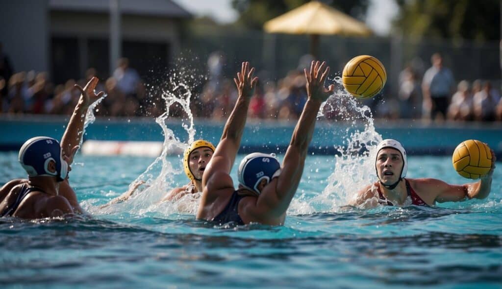 A water polo match in progress, players tussling for the ball, surrounded by a pool, with goalposts at each end