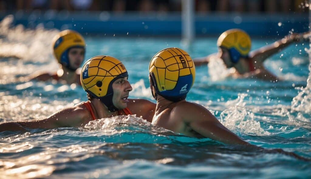 Players in a water polo match transition between attack and defense, vying for possession of the ball according to the rules