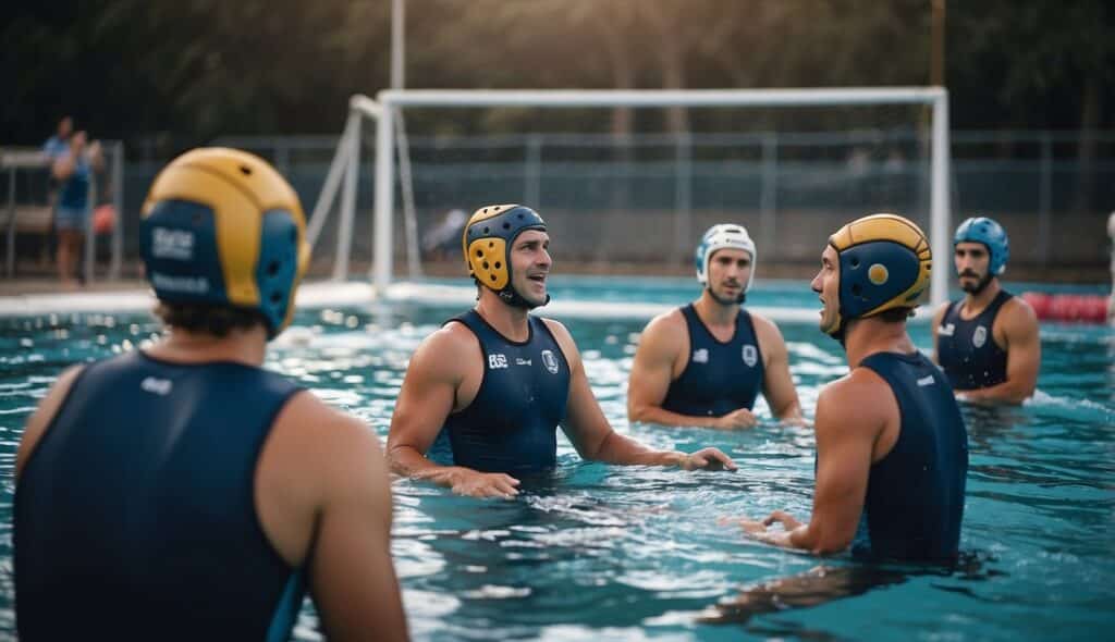 A group of water polo players gather around, discussing and explaining the rules of the game, creating a sense of camaraderie and community