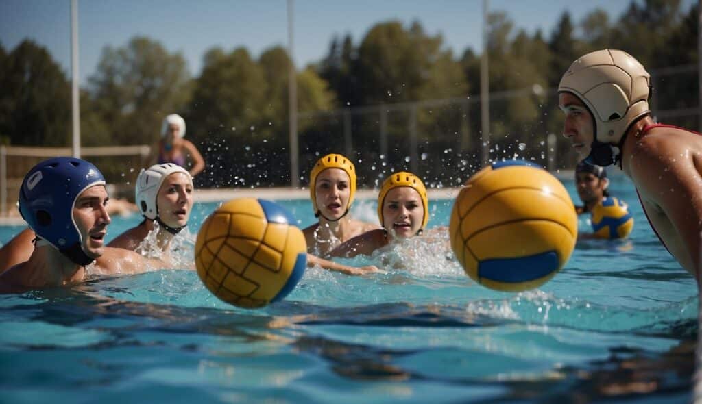 A group of people playing water polo in a pool, with a ball being passed between them as they try to score goals