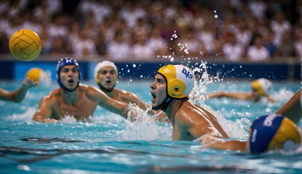 A water polo match at the Olympic Games, with players in a pool, reaching for the ball, surrounded by cheering spectators