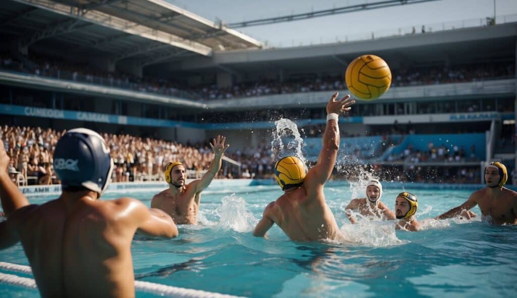 A water polo match unfolds in a pool, with players maneuvering and passing the ball, while the crowd cheers from the stands