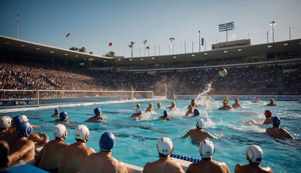 A water polo match unfolds in a crowded stadium, with players battling for control of the ball in the pool. Spectators cheer and wave flags in support of their respective teams