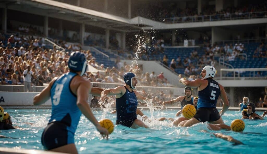 A water polo game in a crowded stadium with teams from around the world competing. The players are in the pool, with the ball flying through the air as they battle for victory