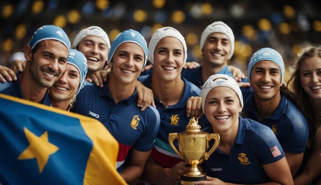 A group of water polo teams from top nations celebrating their successes with flags and trophies displayed