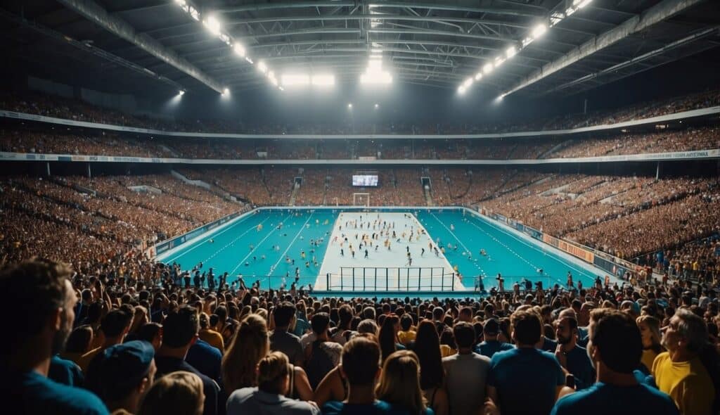 A crowded stadium with cheering fans, colorful team banners, and intense water polo matches happening in a large pool