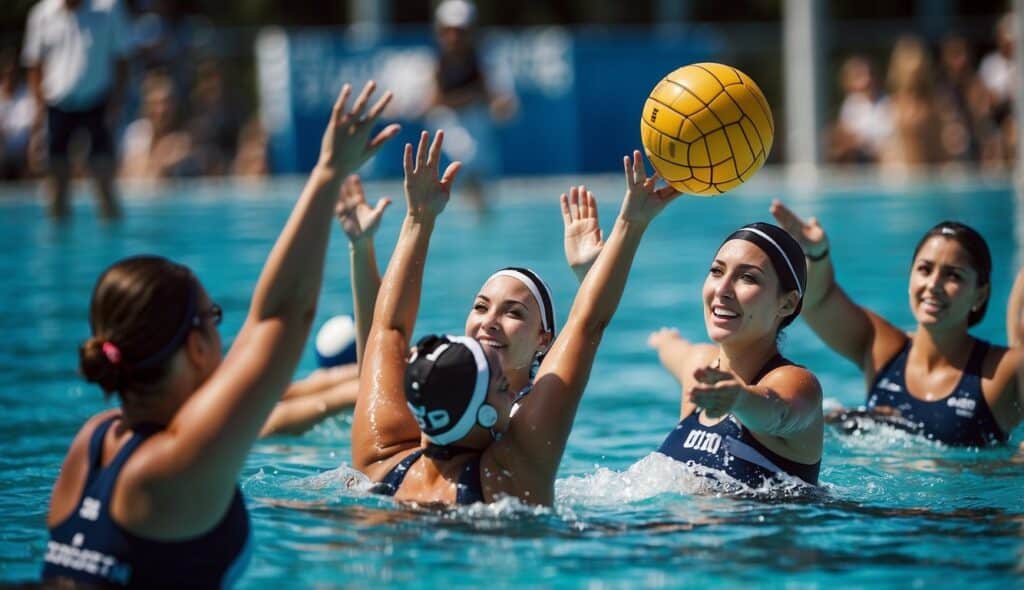 A group of women playing water polo in a pool, passing and shooting the ball, with spectators cheering from the sidelines