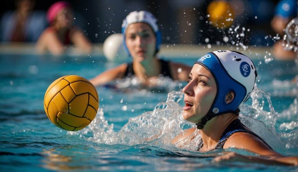 Women's water polo tournaments and competitions, with players in action, scoring goals and defending