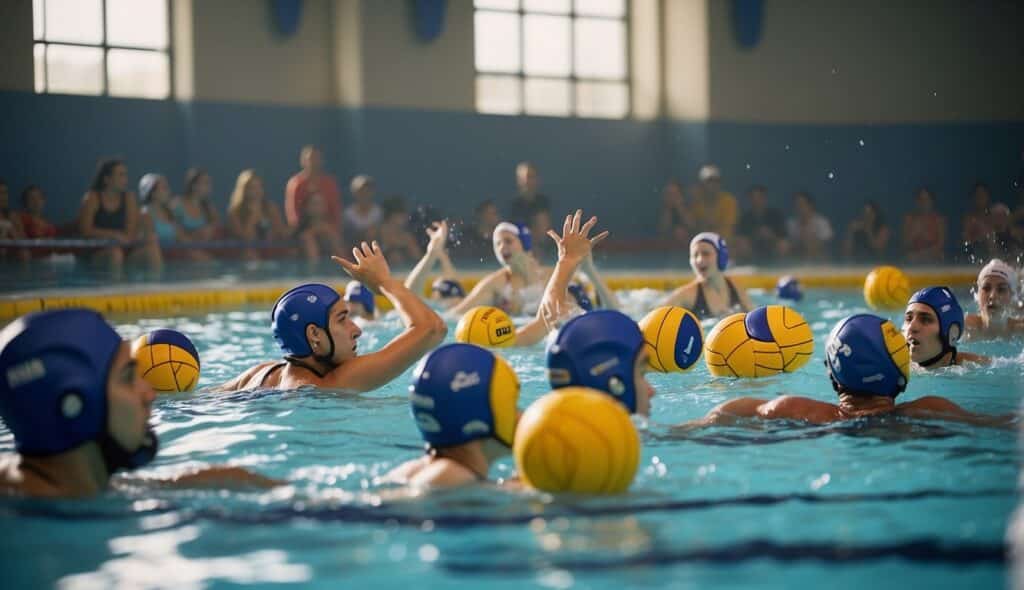 A water polo game in a crowded indoor pool, with players in swimsuits, a ball in the water, and spectators cheering from the sidelines