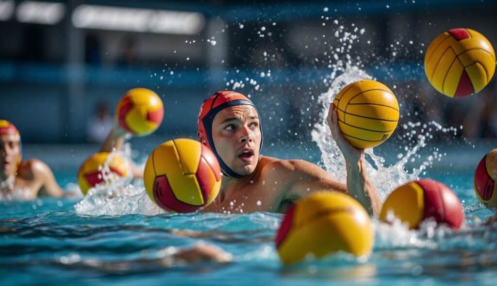 A water polo match in a German pool, players in colored caps, splashing water, and a ball in mid-air