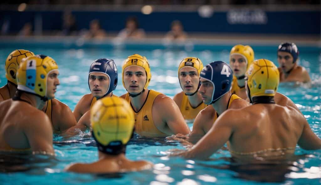 A group of water polo players strategizing and planning their tactics for the game