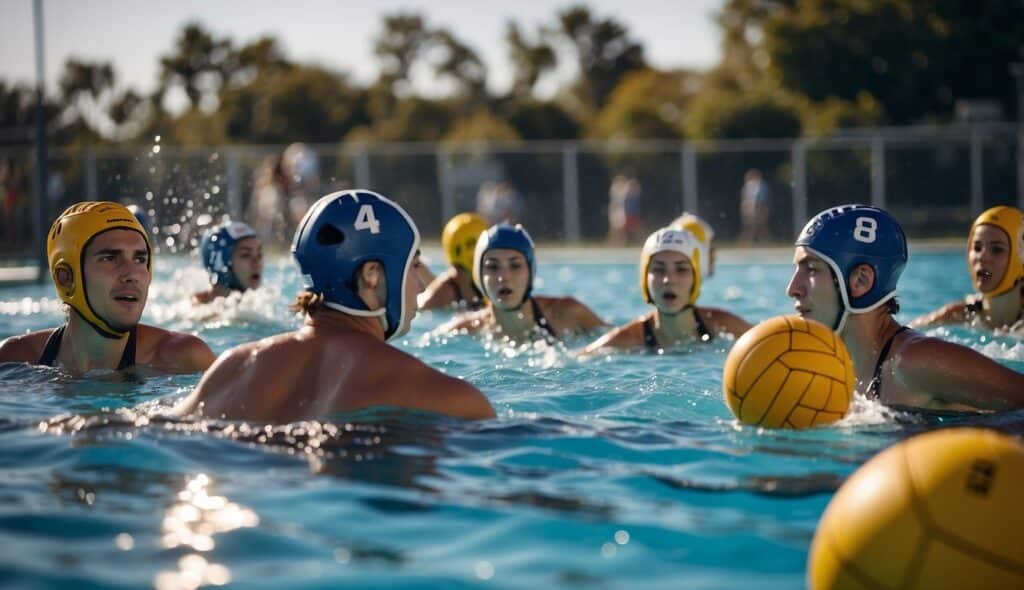 A group of young water polo players practicing in a pool, passing the ball and swimming with determination
