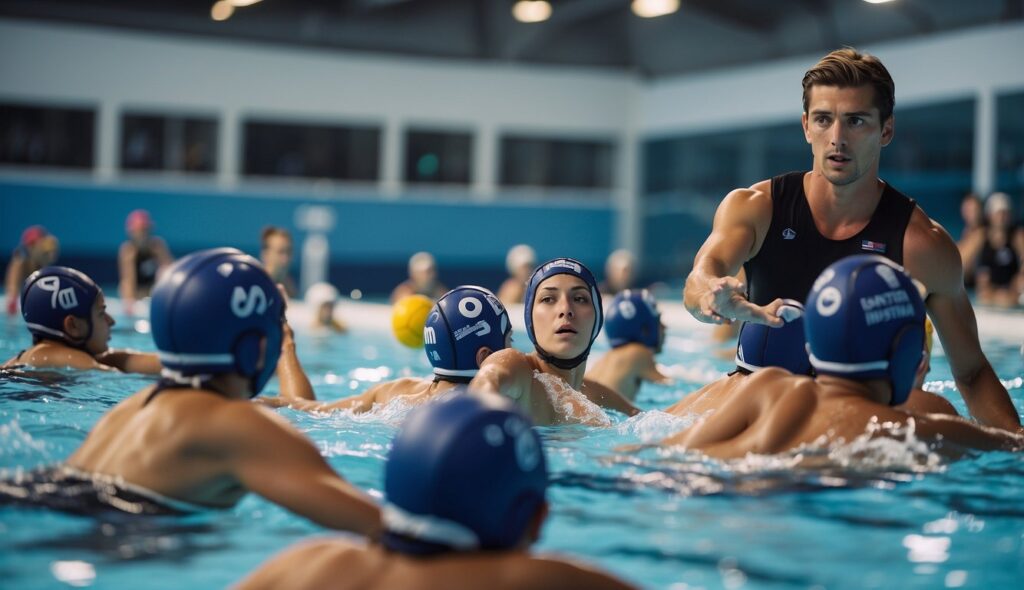 A group of young athletes training in a water polo pool, passing and shooting the ball, while coaches give instructions from the sidelines