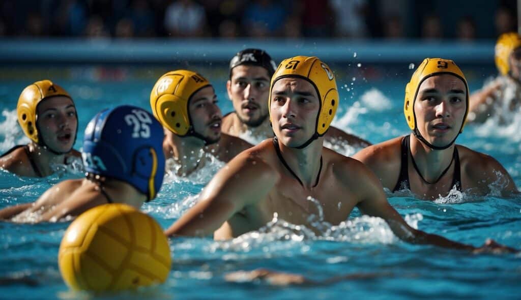 A group of young water polo players and influential figures gathered in a vibrant and energetic scene