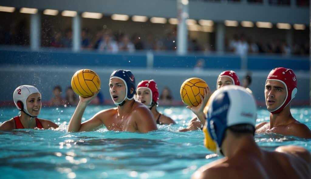A water polo match in progress, with players swimming and passing the ball in a pool. Spectators cheer from the sidelines as the game unfolds