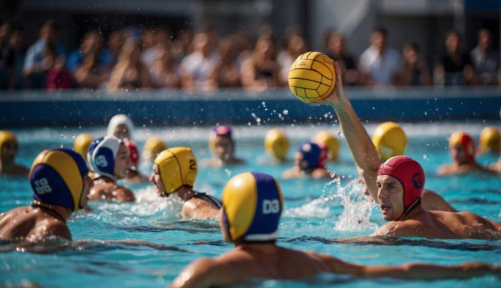 A water polo match with teams competing in a pool, surrounded by cheering spectators and officials