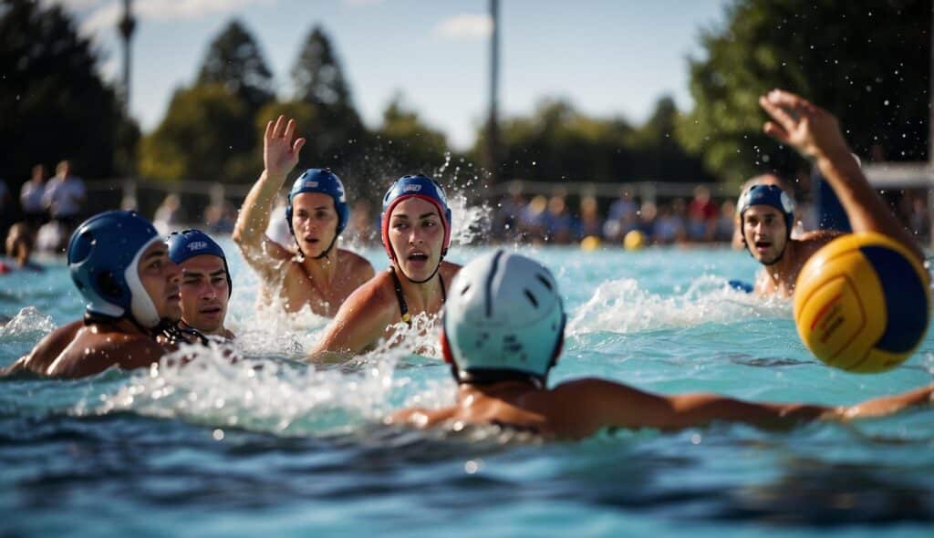 A water polo match in a crowded pool, players in action, splashing water, and intense competition